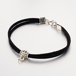 Черный Изготовление браслетов из искусственной замши, с тибетскими выводов стиль сплава и латуни омаров застежками, чёрные, 185 мм