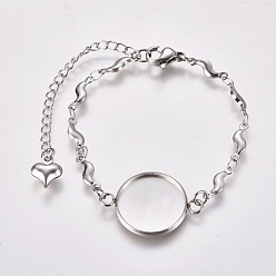 Stainless Steel Color 304 Stainless Steel Bracelet Making, with Lobster Claw Clasps, Link Chains and Flat Round Cabochon Settings, Stainless Steel Color, Tray: 16mm, 5-3/4 inch(14.5cm)