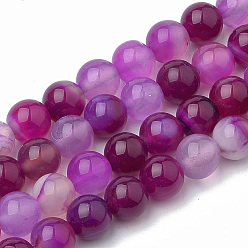 Medium Violet Red Dyed Natural Striped Agate/Banded Agate Round Bead Strands, Medium Violet Red, 4mm, Hole: 1mm, about 95pcs/strand, 15.7 inch