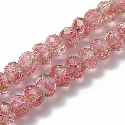 Pink Brins de perles au chalumeau de sable d'or faites à la main, fleur intérieure, facettes rondelle, rose, 9~10x7~8mm, Trou: 1.5~2mm, Environ 60 pcs/chapelet, 17.3 pouce