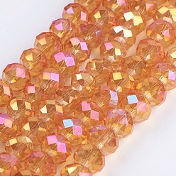 Orange Electroplate Glass Beads Strands, Full Rainbow Plated, Faceted, Rondelle, Orange, 8x6mm, Hole: 1~1.5mm, about 70~72pcs/strand, 16.9~17.3 inch(43~44cm)