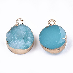 Medium Turquoise Electroplate Druzy Resin Pendants, with Iron Findings, Flat Round, Light Gold, Medium Turquoise, 17~18x13.5x6mm, Hole: 1mm