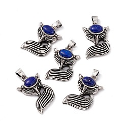 Lapis Lazuli Natural Lapis Lazuli Pendants, Fox Charms, with Antique Silver Color Brass Findings, 29x19x8mm, Hole: 4~5x3.5mm
