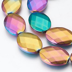Multi-color Plated Electroplated Non-magnetic Synthetic Hematite Beads Strands, Polish, Faceted, Oval, Multi-color Plated, 25x18x5.5mm, Hole: 1mm, about 16pcs/strand, 15.74 inch(40cm)