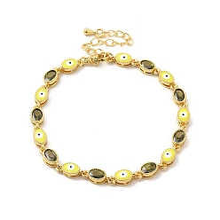 Yellow Enamel Evil Eye & Glass Oval Link Chain Bracelet, Golden Brass Jewelry for Women, Yellow, 7-1/4 inch(18.3cm)