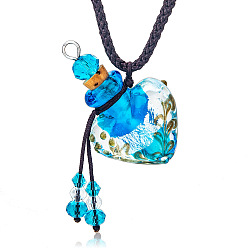 Dodger Blue Baroque Style Heart Handmade Lampwork Perfume Essence Bottle Pendant Necklace, Adjustable Braided Cord Necklace, Sweater Necklace for Women, Dodger Blue, 18-7/8~26-3/4 inch(48~68cm)