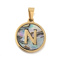 Letter N Vacuum Plating 304 Stainless Steel with Paua Shell Pendants, Golden, Flat Round with Letter Charm, Letter.N, 18x16x1.5mm, Hole: 3x6mm