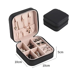 Black Imitation Leather Jewelry Storage Zipper Boxes, Travel Portable Jewelry Organizer Case for Necklaces, Earrings, Rings, Square, Black, 10x10x5cm