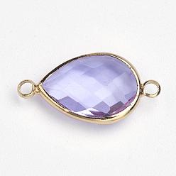 Lavender Brass Glass Links connectors, Faceted, teardrop, Light Gold, Lavender, 14x25.5x5mm, Hole: 2mm