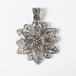 Antique Silver Tibetan Style Alloy Focal Pendants, Lead Free and Cadmium Free, Fancy Filigree Flower, Antique Silver, 64x46.5x1.5mm, Hole: 11mm