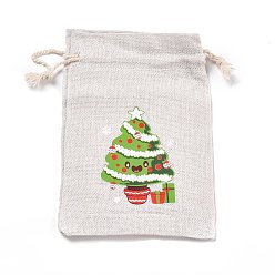 Arbre de Noël Pochettes de rangement en tissu de coton de noël, rectangles sacs à cordon, pour les sacs-cadeaux de bonbons, motif d'arbre de Noël, 13.8x10x0.1 cm