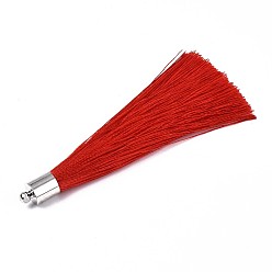 Red Fiber Tassel Big Pendant Decorations, with Platinum Plated Brass Finding, Red, 70~73x7~25mm, Hole: 1.8mm