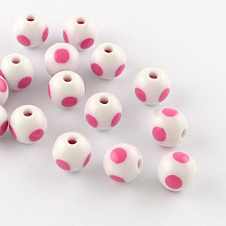 Flamingo Dot Pattern Opaque Acrylic Beads, Round, Flamingo, 16x15mm, Hole: 3mm, about 220pcs/500g
