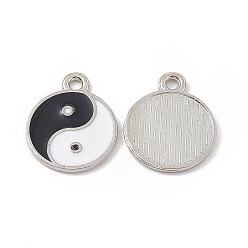 Platinum Alloy Enamel Pendants, Platinum, Flat Round with Yin Yang Pattern Charm, Platinum, 17.5x14.5x1mm, Hole: 1.8mm