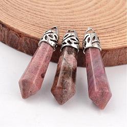 Rhodochrosite Bullet Natural Rhodochrosite Pendants, with Platinum Tone Alloy Findings, 33~40x8~10mm, Hole: 3x2mm