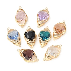 Mixed Color Brass K9 Glass Connector Charms, Light Gold Tone Heart Links, Mixed Color, 27x14.5x8mm, Hole: 1.5mm