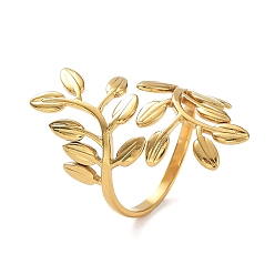 Real 18K Gold Plated Ion Plating(IP) 304 Stainless Steel Rings, Open Cuff Ring, Leaf Wide Band Ring for Women, Real 18K Gold Plated, 2mm, Inner Diameter: 17mm