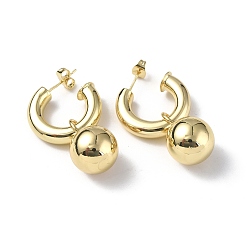 Real 18K Gold Plated Brass Ring with Ball Dangle Stud Earrings, Brass Half Hoop Earrings for Women, Real 18K Gold Plated, 35mm, Pin: 0.8mm