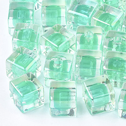 Light Sea Green Transparent Acrylic Beads, UV Plating & Rainbow, Bead in Bead, Half Drilled Beads, Cube, Light Sea Green, 12.5x12.5x12.5mm, Half Hole: 3.5mm