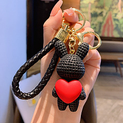 Black Rabbit with Heart Resin Keychain, with Alloy Findings and Bell, Black, 7x3.5cm