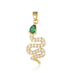 Real 18K Gold Plated Brass Micro Pave Cubic Zirconia Pendants, Snake Charms, Real 18K Gold Plated, 28x12x2.2mm
