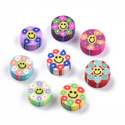 Mixed Color Handmade Polymer Clay Beads, Flat Round with Smiling Face & Flower, Mixed Color, 8.5~10x4.5mm, Hole: 1.5mm