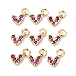 Hot Pink Brass Micro Pave Cubic Zirconia Charms, Long-Lasting Plated, Lead Free & Nickel Free & Cadmium Free, Heart, Hot Pink, Real 18K Gold Plated, 9.5x6.5x2mm, Hole: 1mm.