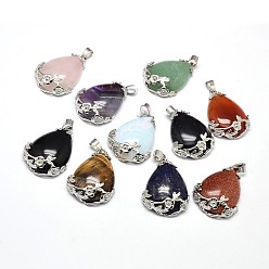 Mixed Stone Teardrop with Flower Platinum Plated Brass Natural & Synthetic Mixed Stone Pendants, Cadmium Free & Lead Free, 38x27x9mm, Hole: 4x7.5mm