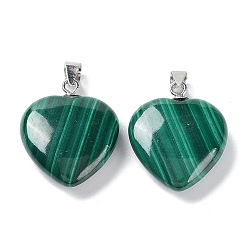 Malachite Natural Malachite Pendants, Heart Charms, with Platinum Plated 925 Sterling Snap on Bails, 18.5x15x5.5mm, Hole: 4x3mm