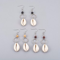 Mixed Stone Cowrie Shell Dangle Earrings, with Mixed Stone and Wood Beads, Iron Linking Rings, Brass Earring Hooks, Platinum, 74~75mm, Pin: 0.7mm