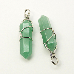 Green Aventurine Natural Green Aventurine Double Terminated Pointed Pendants, with Brass Pendant Settings, Faceted, Bullet, Platinum Metal Color, 35~45x10~13mm, Hole: 3mm