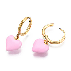 Pink Enamel Heart Dangle Hoop Earrings, Real 18K Gold Plated 304 Stainless Steel Jewelry for Women, Nickel Free, Pink, 28x11.5mm, Pin: 1mm