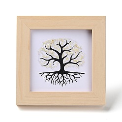 Citrine Tree of Life Natural Citrine Chips Picture Frame Stand, with Wood Square Frame, Feng Shui Money Tree Picture Frame Home Office Decoration, 66x130x120mm, Inner Diameter: 90x90mm