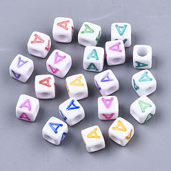 Letter A Perles acryliques blanches opaques, avec l'émail, trou horizontal, cube avec lettre de couleur mixte, letter.a, 6x6x6mm, Trou: 3mm, environ2900 pcs / 500 g