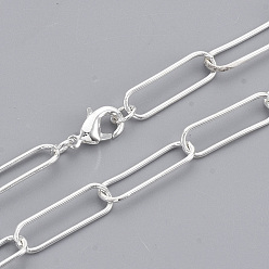 Plata Fabricación de collar de cadena de clip de papel ovalado redondo de latón, con cierre de langosta, plata, 18.7 pulgada (47.5 cm), link: 20x6.5x1 mm
