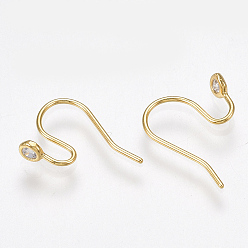 Real 18K Gold Plated Brass Earring Hooks, with Cubic Zirconia, Nickel Free, Real 18K Gold Plated, 14x10x3mm, 20 Gauge, Pin: 0.8mm