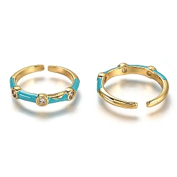 Sky Blue Brass Micro Pave Clear Cubic Zirconia Cuff Rings, Open Rings, with Enamel, Real 18K Gold Plated, Long-Lasting Plated, Sky Blue, US Size 7 1/4(17.5mm)