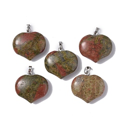 Unakite Natural Unakite Pendants, Heart Charms, with Platinum Tone Brass Findings, 23.5x25x8.5mm, Hole: 5x3.5mm