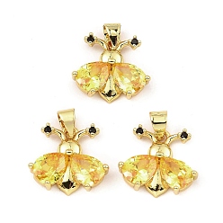 Yellow Rack Plating Real 18K Gold Plated Brass Pendants, with Cubic Zirconia, Long-Lasting Plated, Lead Free & Cadmium Free, Insect, Yellow, 14.5x16x4.5mm, Hole: 3.5mm