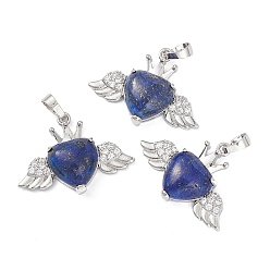 Lapis Lazuli Naturelles lapis-lazuli pendentifs, breloques coeur avec ailes et couronne, avec strass en cristal de laiton ton platine, 26x35.5x8mm, Trou: 8x5mm