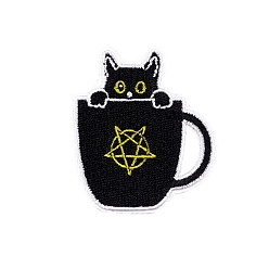 Noir Appliques de dessin animé chat et tasse, fer à broder sur des patchs en tissu, couture artisanat décoration, noir, 48x59mm