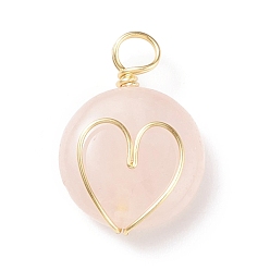Rose Quartz Natural Rose Quartz Gemstone Pendants, with Real 18K Gold Plated Eco-Friendly Copper Wire Wrapped, Flat Round with Heart Charm, 22x16x5.5mm, Hole: 3~4.5mm