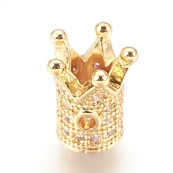 Real 18K Gold Plated Brass Micro Pave Cubic Zirconia Beads, Crown, Clear, Real 18K Gold Plated, 10x8mm, Hole: 1.4mm