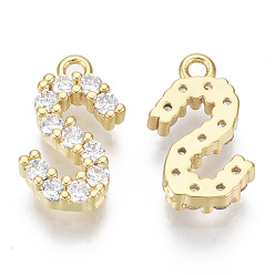 Letter S Brass Micro Pave Cubic Zirconia Charms, Nickel Free, Letter, Clear, Real 18K Gold Plated, Letter.S, 13.5x7.5x2.5mm, Hole: 1.2mm