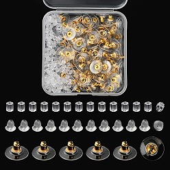 Oro 300 piezas 3 estilo latón y tuercas de oreja de plástico, pendientes de campana y embrague, dorado, 3~11x3~11x3~7 mm, agujero: 0.5~1 mm, 100 piezas / estilo