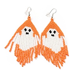 Orange Glass Seed Braided Ghost Chandelier Earrings, Chain Tassel Alloy Halloween Earrings for Women, Orange, 98mm, Pin: 0.6mm
