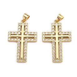 Real 18K Gold Plated Brass Micro Pave Clear Cubic Zirconia Pendants, Long-Lasting Plated, Cross, Real 18K Gold Plated, 29x18.5x1.3mm, Hole: 2.5x3mm