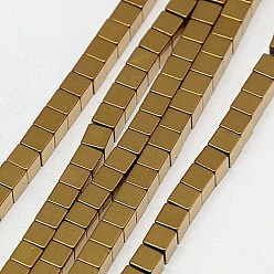 Plateado en Oro Electroplate no magnéticas de hematita sintética hebras de cuentas, cubo, Grado A, oro chapado, 3x3x3 mm, agujero: 1 mm, sobre 127 unidades / cadena, 16 pulgada
