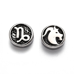 Capricorn 304 Stainless Steel Beads, Flat Round with Twelve Constellations, Antique Silver, Capricorn, 10x4mm, Hole: 1.8mm