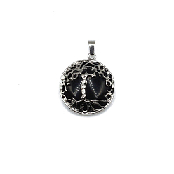 Black Stone Natural Black Stone Pendants, Tree of Life Charms with Platinum Plated Alloy Findings, 31x27mm